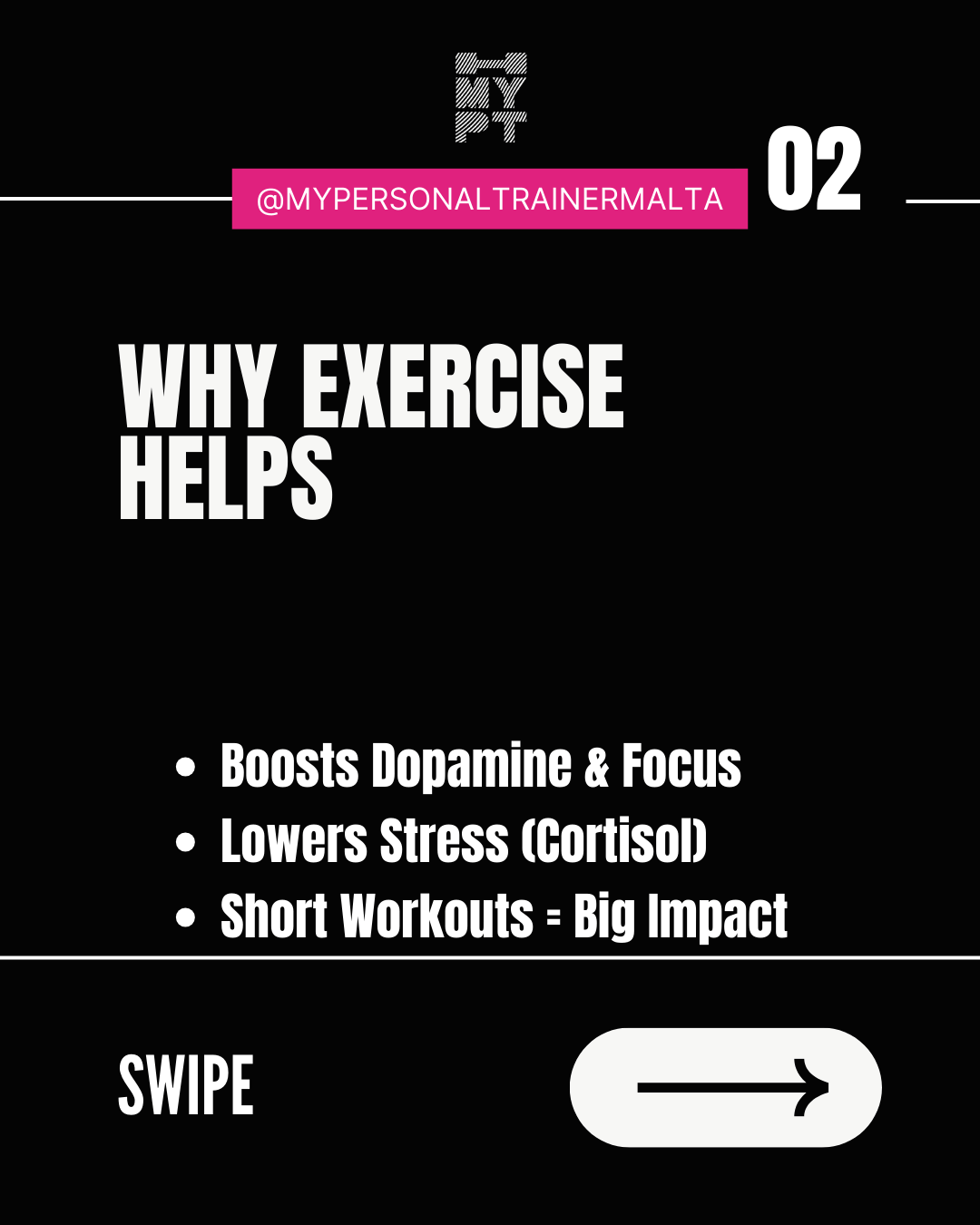Slide 02 – Why exercise helps with ADHD: boosts dopamine and focus, lowers stress (cortisol), short workouts give big impact