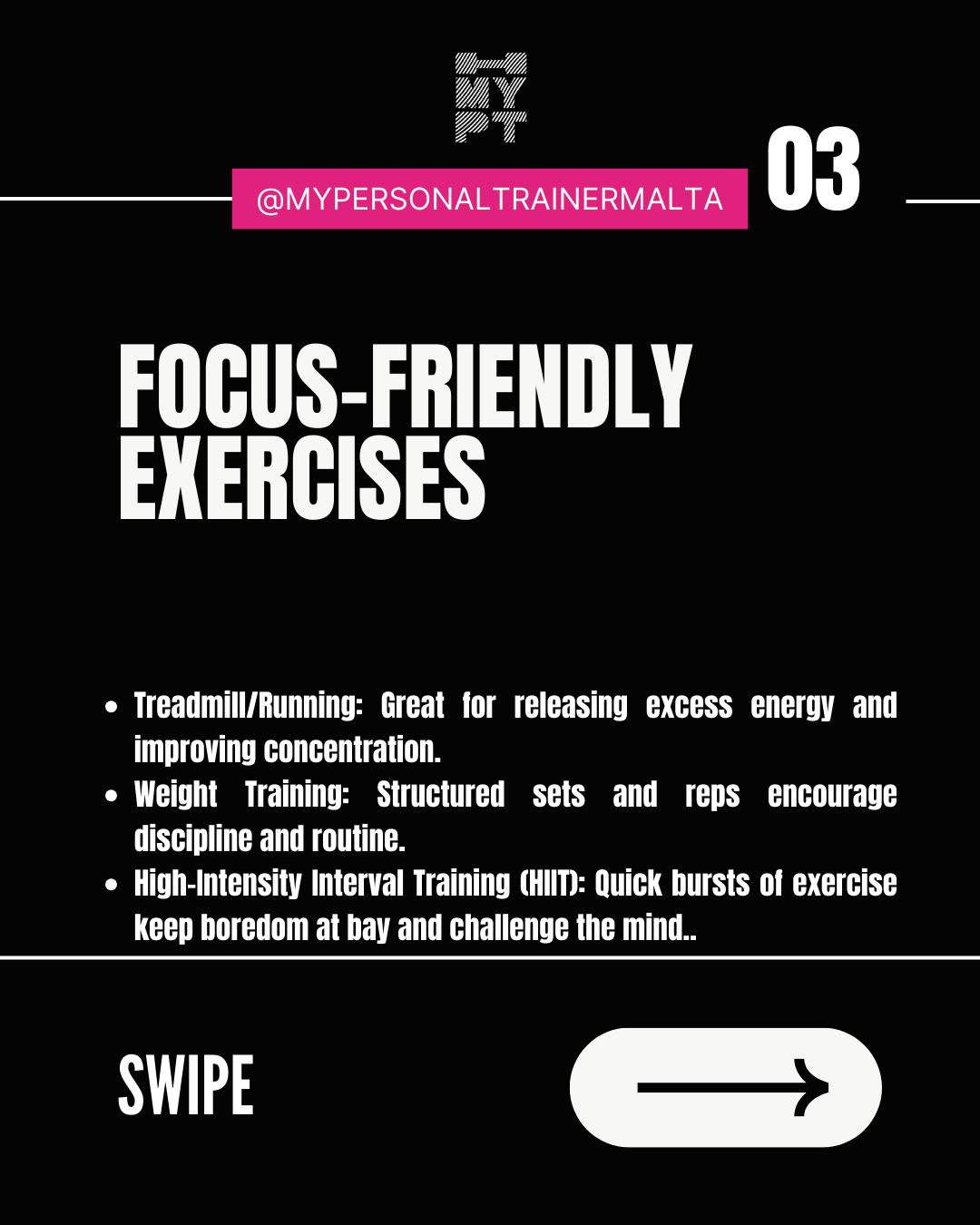 Slide 03 – Focus-friendly exercises for ADHD: treadmill or running, weight training and HIIT