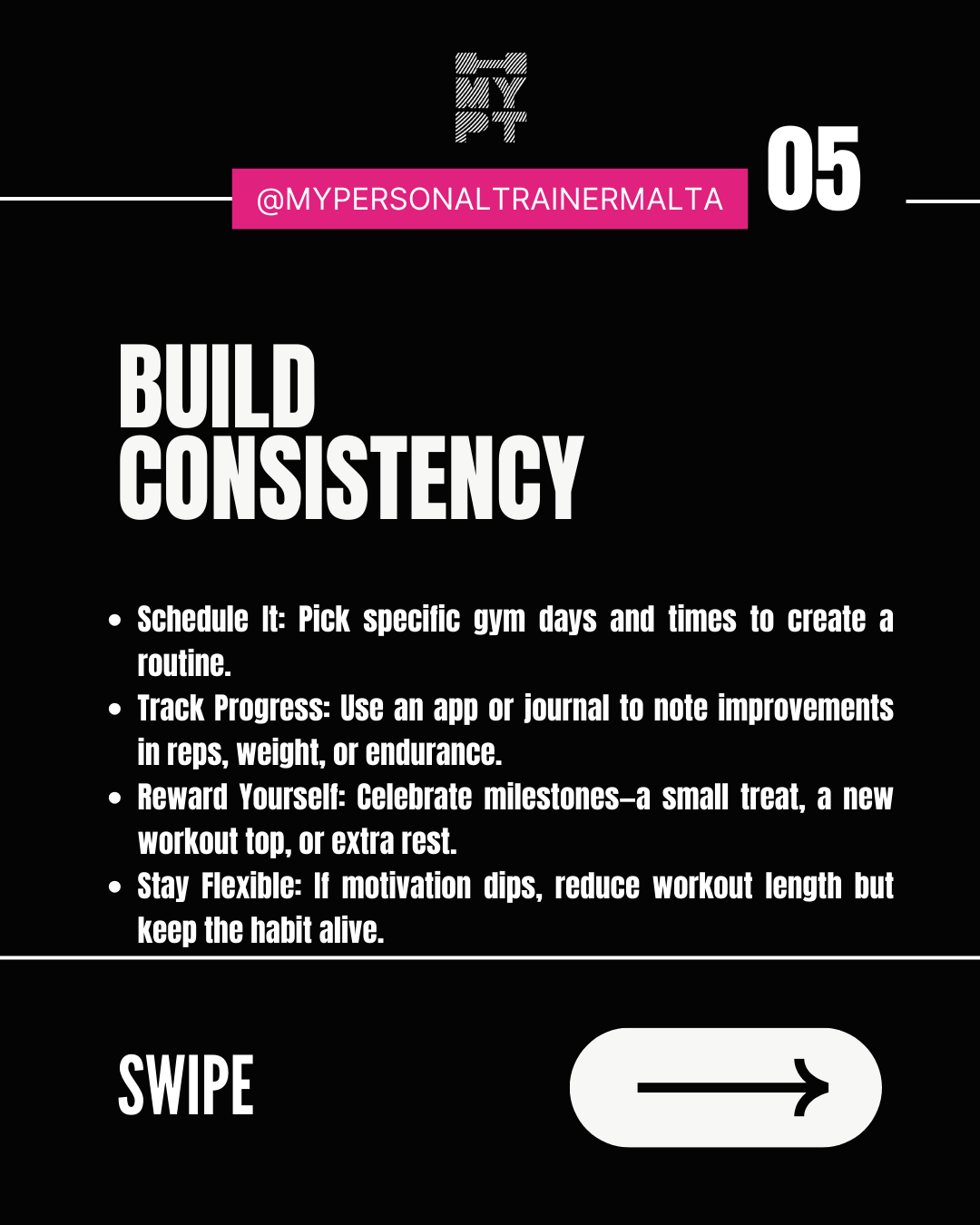 Slide 05 – Build consistency: schedule it, track progress, reward yourself, stay flexible