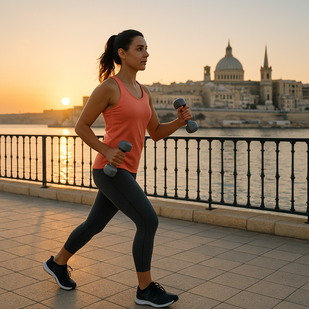 Maltese mother power-walking with light dumbbells at sunrise on Valletta waterfront—showcasing efficient fitness for busy mums.