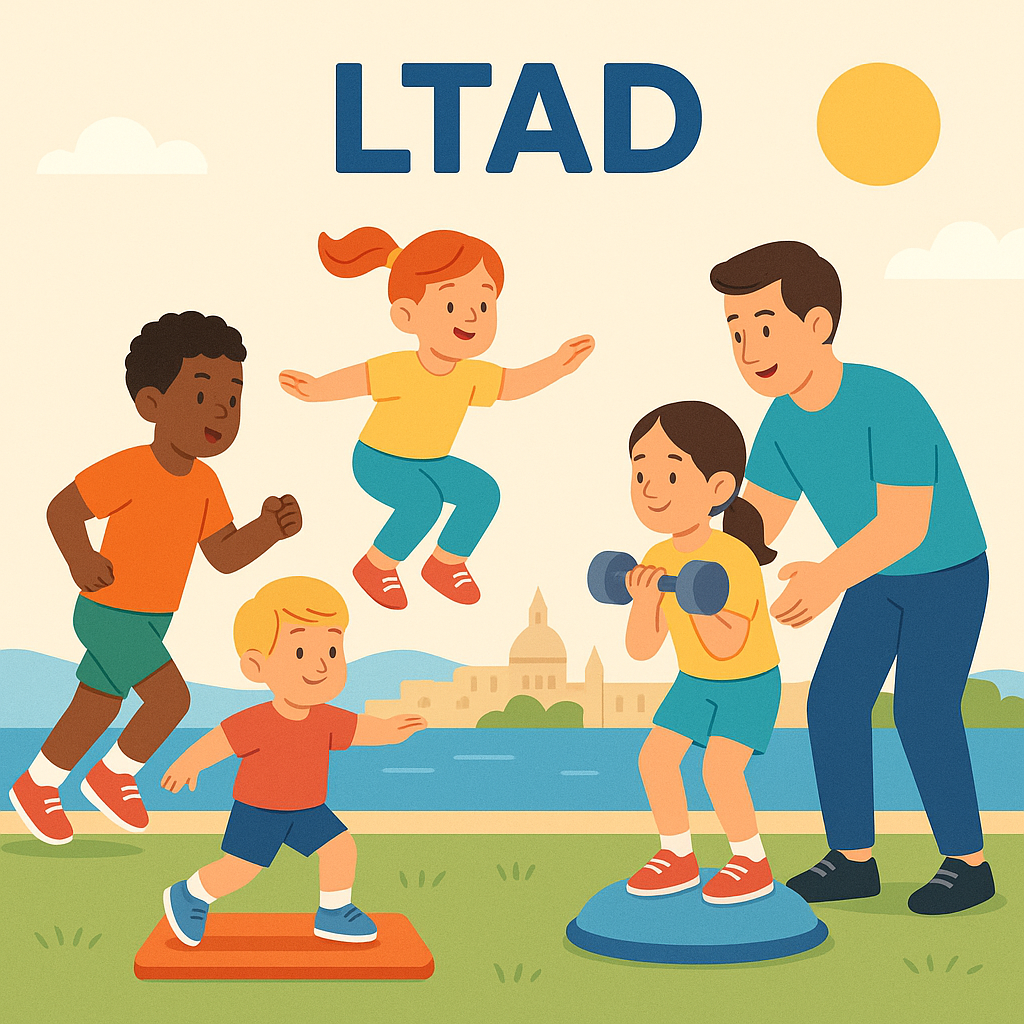 Four Maltese children of different ages practise LTAD activities—running, jumping, balancing, and light dumbbell squats—coached outdoors by the sea.