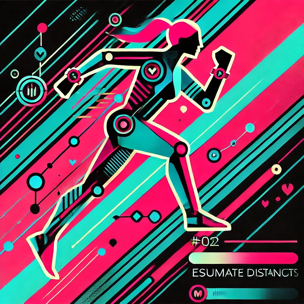 Stylized graphic of a person running, in neon pink and blue hues with dynamic lines and abstract symbols, representing estimating distance from step counts.