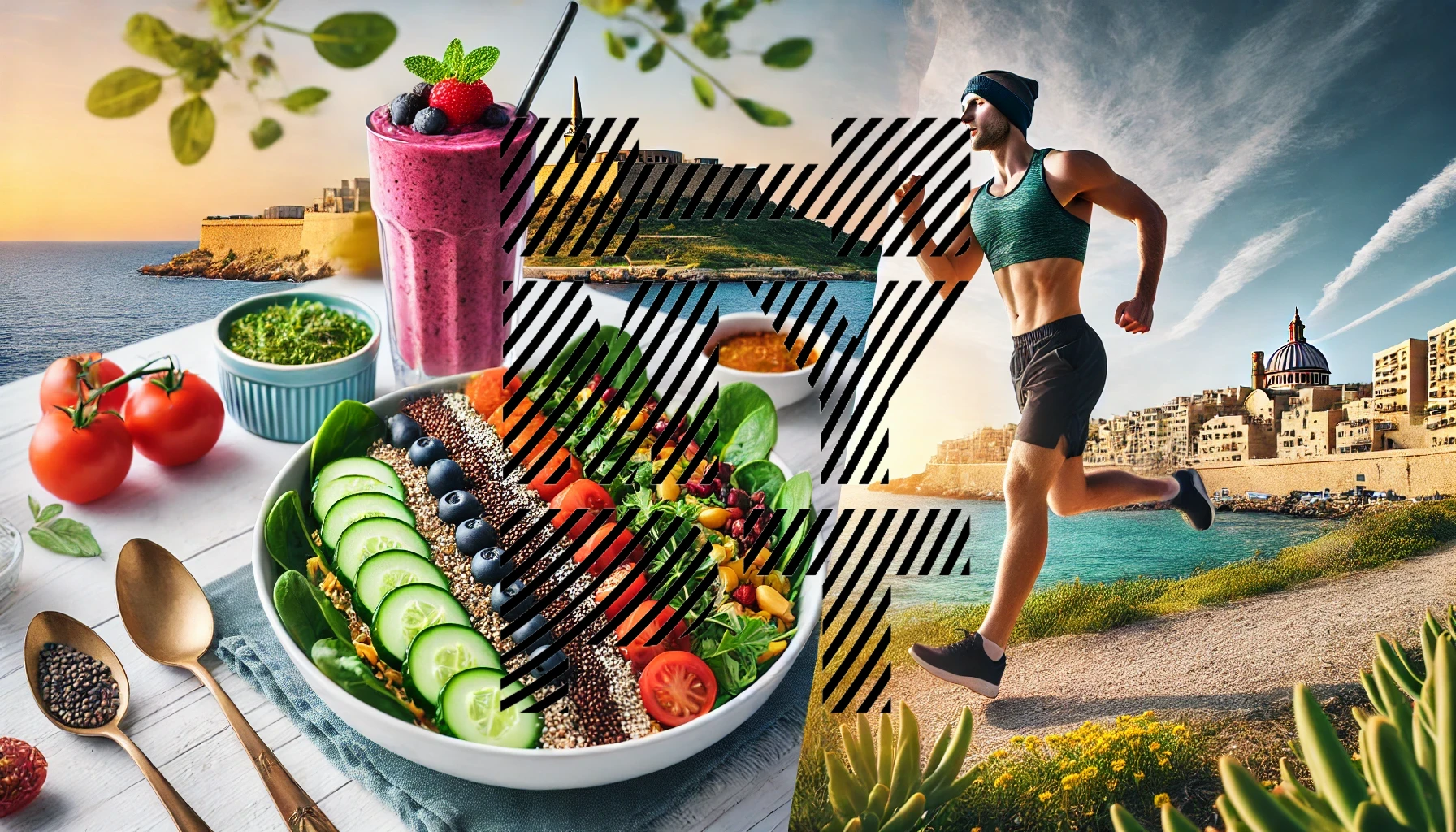 A vibrant image of a healthy salad and a fitness enthusiast jogging by the Maltese coast, with the sea and cliffs in the background.