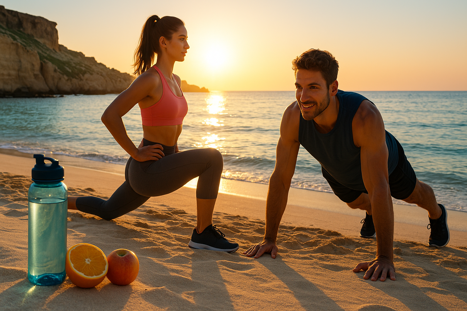 Man doing plank and woman performing lunge on a golden‑sand Maltese beach at sunrise, with a blue water bottle, orange and apple in the foreground and the Mediterranean Sea glistening behind them.