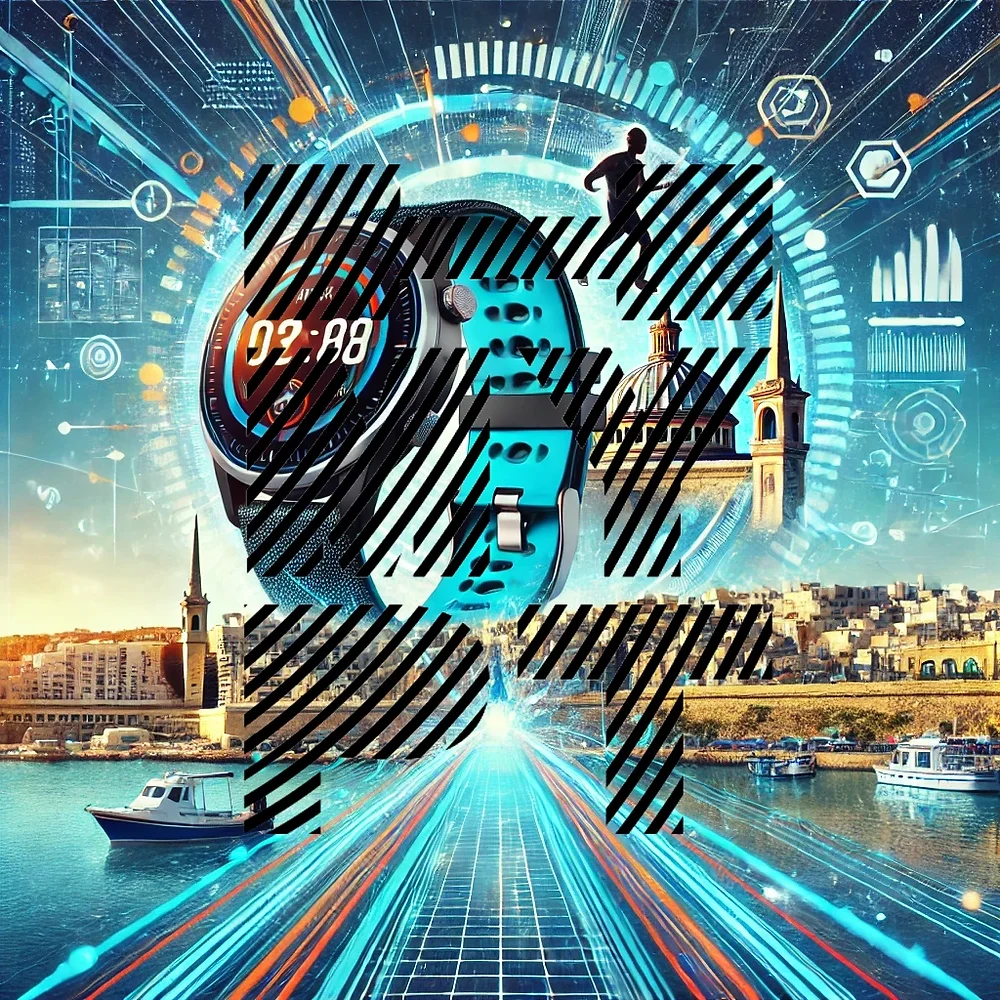 Illustrazzjoni diġitali vibranti u moderna li tirrappreżenta r-rivoluzzjoni diġitali tal-fitness f'Malta, b'arloġġ intelliġenti, applikazzjoni tal-eżerċizzji mħaddma mill-IA, u kosta Mediterranja Maltija.