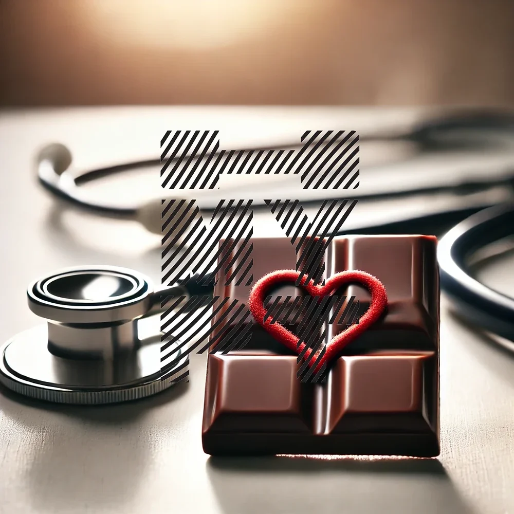 Close-up of a piece of dark chocolate with a red heart drawn on it, symbolizing heart health, with a stethoscope beside it on a softly lit background.