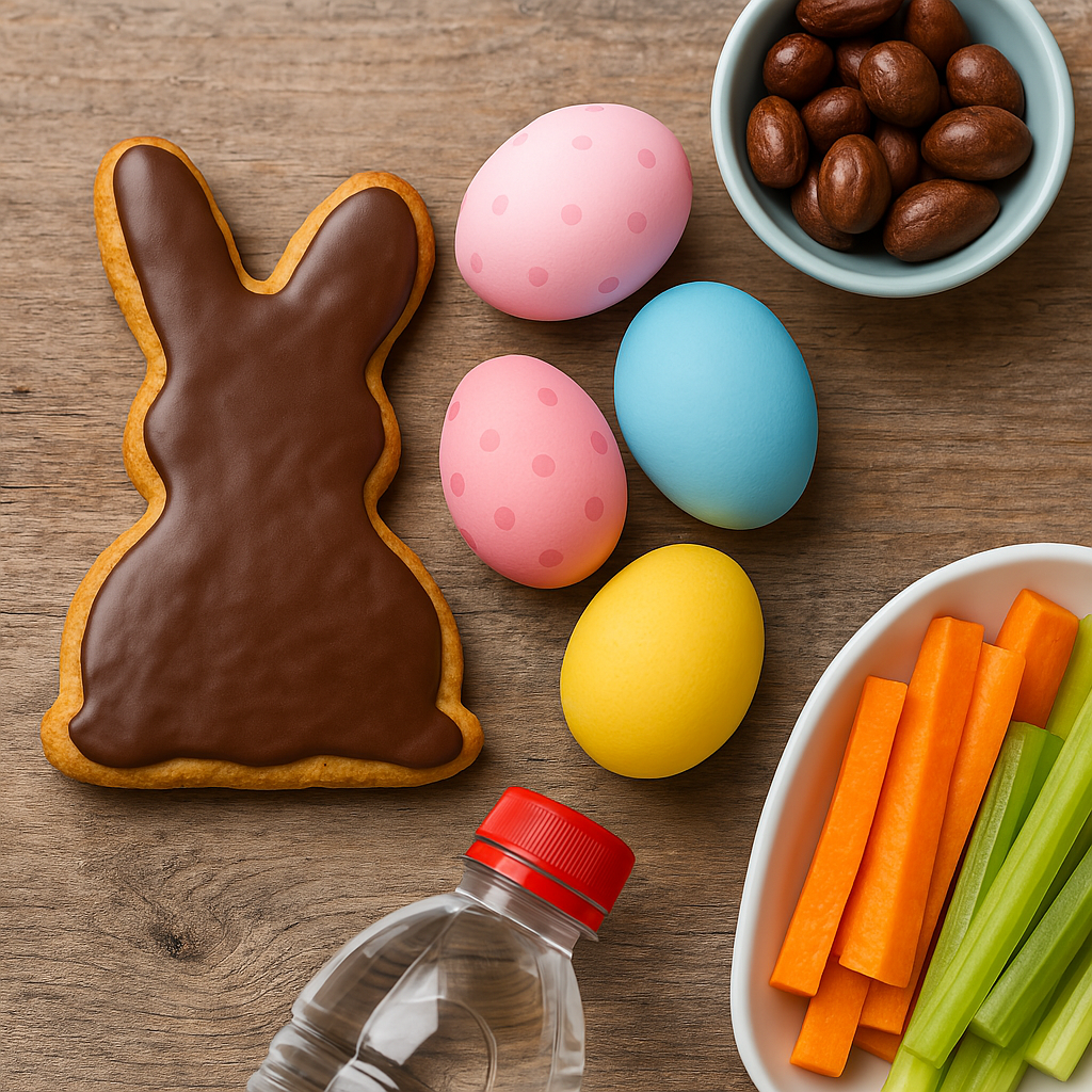 A festive Easter-themed arrangement featuring a bunny-shaped Figolla cookie, colorful painted eggs, a bowl of almonds, a plate of carrot and celery sticks, and a water bottle on a rustic wooden table—highlighting a healthy balance between traditional treats and nutritious snacks.