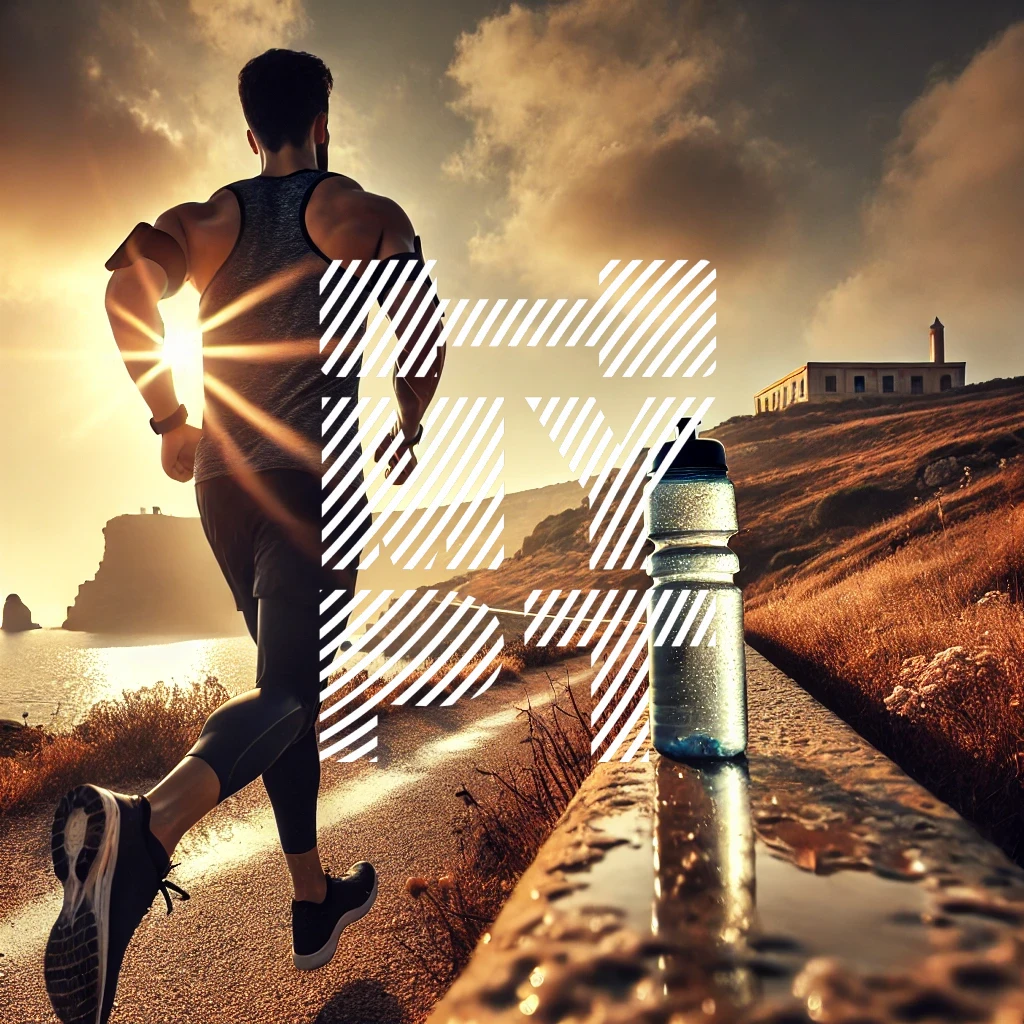 Atleta fil-forma jiġri fuq il-mogħdija tal-kosta ta' Malta mat-tlugħ ix-xemx, iżomm flixkun tal-ilma, bil-Baħar Mediterran fl-isfond, b'enfasi fuq l-idratazzjoni u l-fitness.