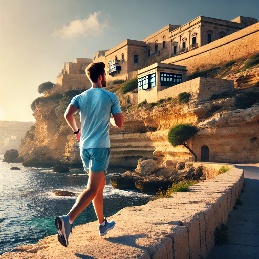 Inspiring visuals promoting holistic wellness in Malta for MyPersonalTrainerMalta.com. Images feature a personal trainer guiding a client in a gym, group yoga classes by the sea, and individuals hiking along Malta's scenic trails. Vibrant shots of fresh Mediterranean dishes like seafood, fruits, and traditional ftira highlight nutritious eating. Serene moments of mindfulness practices, such as meditation at Għajn Tuffieħa and yoga at sunrise, emphasize mental well-being. Community wellness events and workshops capture Malta’s supportive and vibrant wellness culture, encouraging a balanced and fulfilling lifestyle.