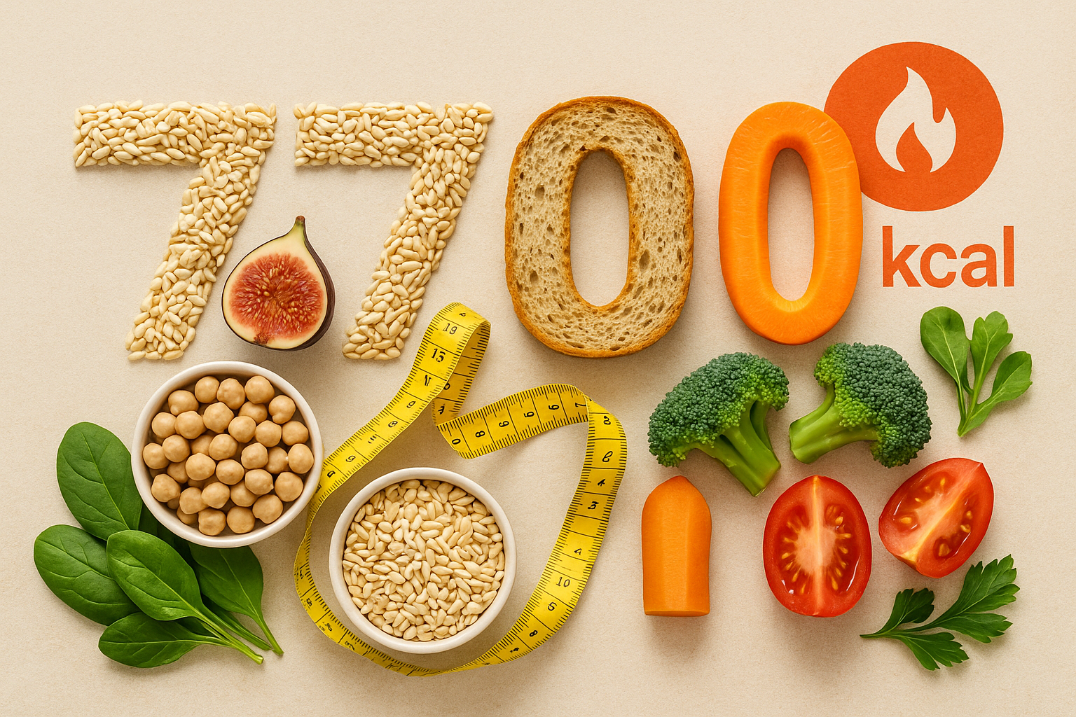 Flat‑lay of high‑fibre Mediterranean foods—barley, whole‑meal bread, chickpeas, figs, carrot, broccoli, spinach and tomato—arranged to spell ‘7700’ beside a tape measure and a calorie‑burn flame icon, symbolising the 7,700 kcal in a kilogram of body‑fat.