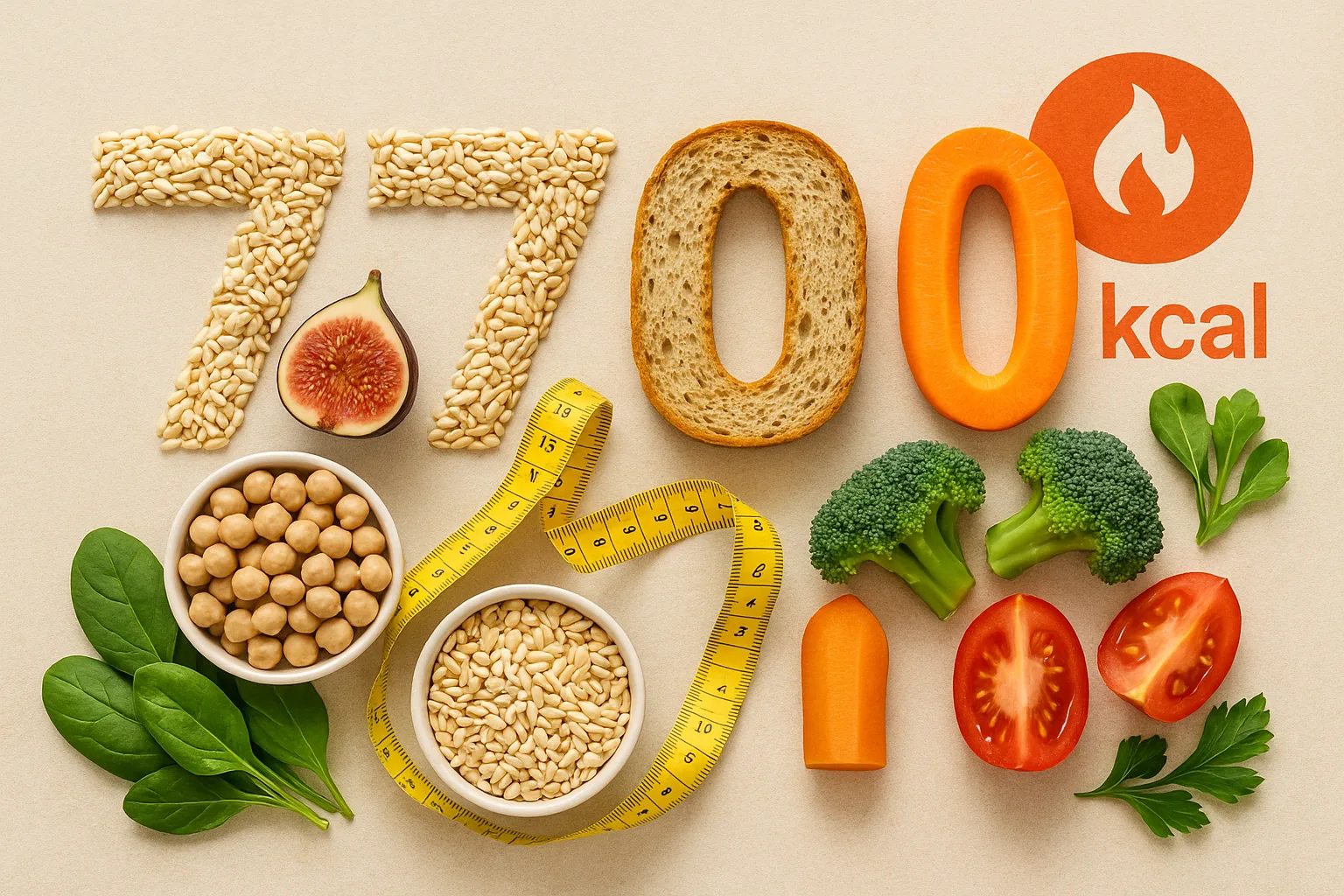 Flat‑lay of high‑fibre Mediterranean foods—barley, whole‑meal bread, chickpeas, figs, carrot, broccoli, spinach and tomato—arranged to spell ‘7700’ beside a tape measure and a calorie‑burn flame icon, symbolising the 7,700 kcal in a kilogram of body‑fat.