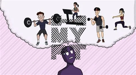 Illustrazzjoni li turi l-ansjetà tal-ġinnasju: karattru mħasseb jimmaġina individwi fiduċjużi jagħmlu diversi attivitajiet fil-ġinnasju, inkluż irfigħ tal-piżijiet, ġiri, u stretching, li tenfasizza s-sentimenti ta' tqabbil u skumdità fl-ambjenti tal-fitness.
