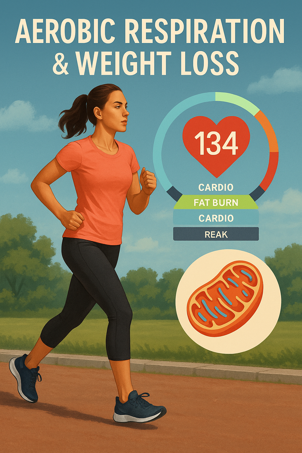 Stylised illustration of a woman jogging on a sun‑lit path with a heart‑rate gauge reading 134 bpm and an inset graphic of a mitochondrion, highlighting aerobic exercise and fat‑burn zones.