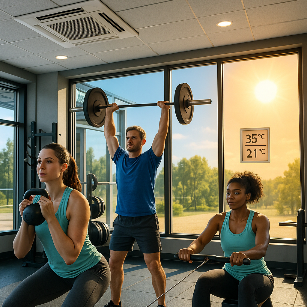 Three people training inside an air‑conditioned, sun‑lit gym—woman doing kettlebell squats, man pressing a barbell overhead, and woman rowing—while a window display shows 35 °C outside and 21 °C indoors.