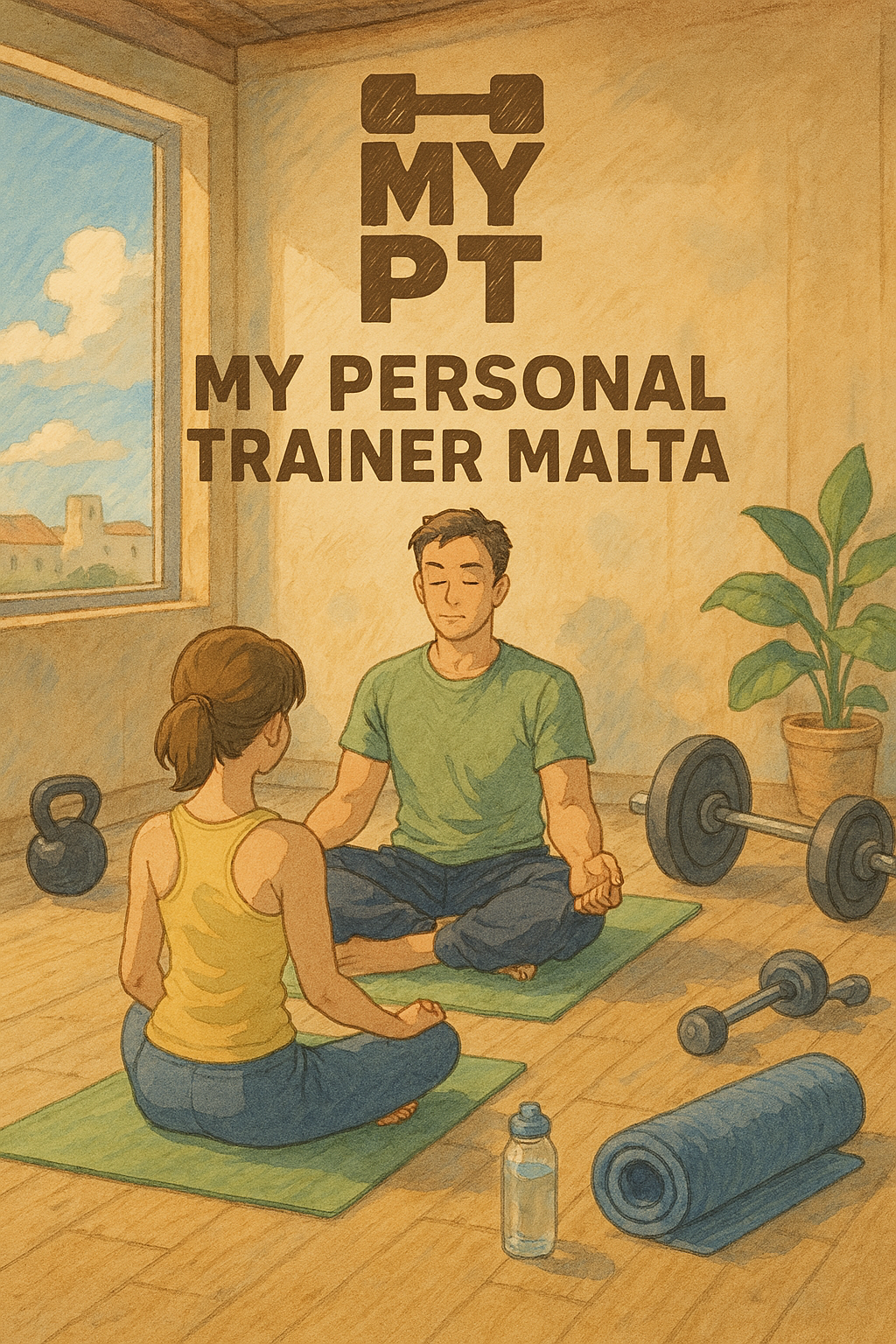 Studio Ghibli-style illustration of a peaceful gym scene featuring a personal trainer and client sitting cross-legged on yoga mats, meditating. The trainer wears a green shirt and blue pants, while the client wears a yellow tank top and blue leggings. Around them are kettlebells, a barbell, dumbbell, water bottle, yoga mat, and a leafy plant. A large window shows a sunny Maltese landscape. The text reads