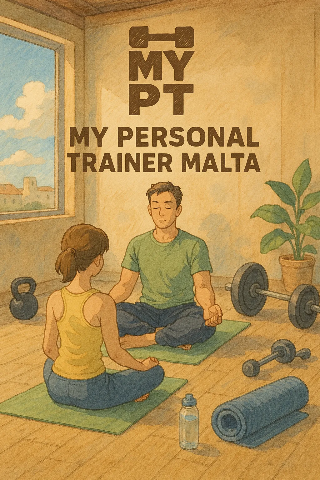 Studio Ghibli-style illustration of a peaceful gym scene featuring a personal trainer and client sitting cross-legged on yoga mats, meditating. The trainer wears a green shirt and blue pants, while the client wears a yellow tank top and blue leggings. Around them are kettlebells, a barbell, dumbbell, water bottle, yoga mat, and a leafy plant. A large window shows a sunny Maltese landscape. The text reads 'MY PT – MY PERSONAL TRAINER MALTA' above the scene.








