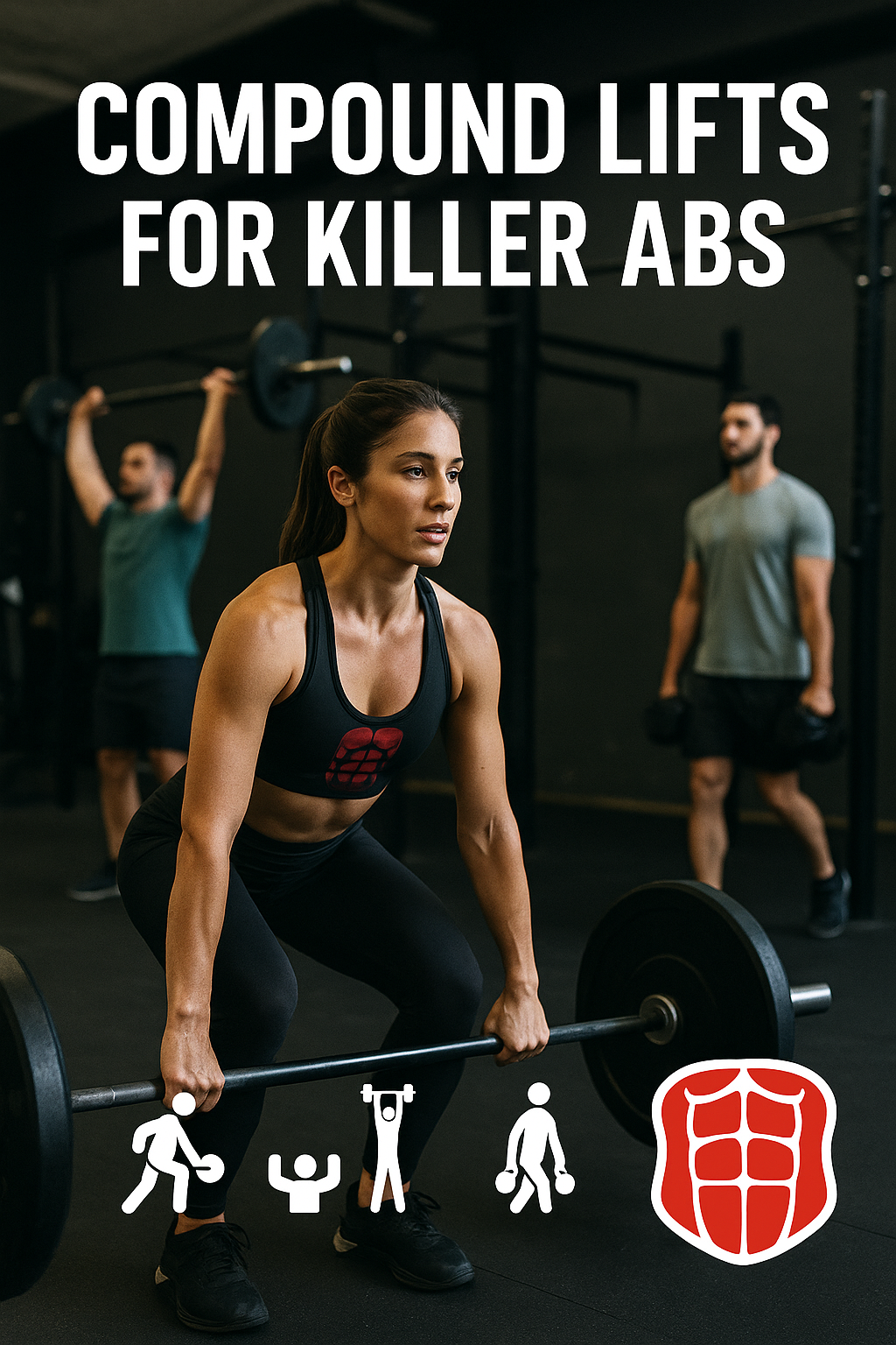 Motivational gym photo with a woman performing a Romanian deadlift in the foreground and other athletes overhead‑pressing and farmer‑carrying weights behind her; bold headline ‘Compound Lifts for Killer Abs’ and icons of squat, press, carry and an ab outline emphasise compound exercises as the best abs builders.